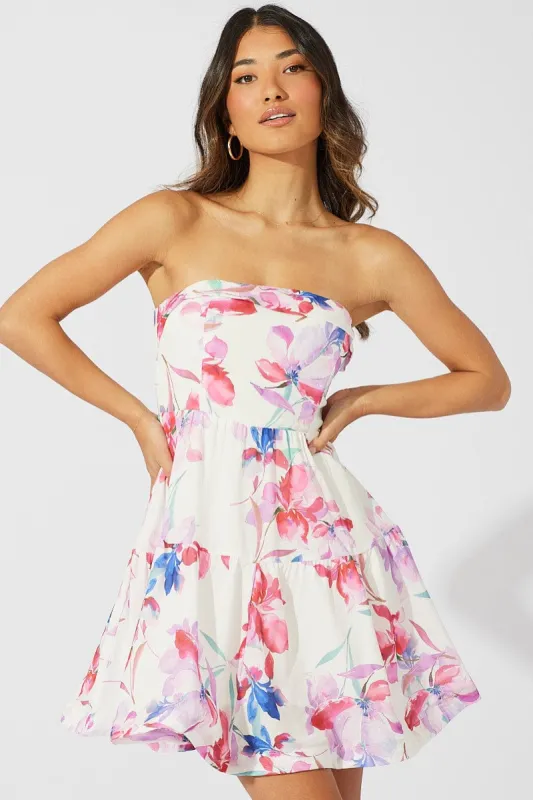 White Floral Fit and Flare Dress Boob Tube sold by Ally Fashion