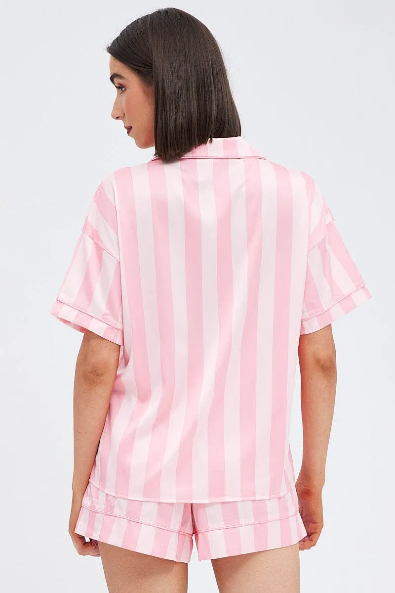 Pink Stripe Satin Pj Pink Stripe Piping Pyjama Set sold by Ally Fashion product image thumbnail 5