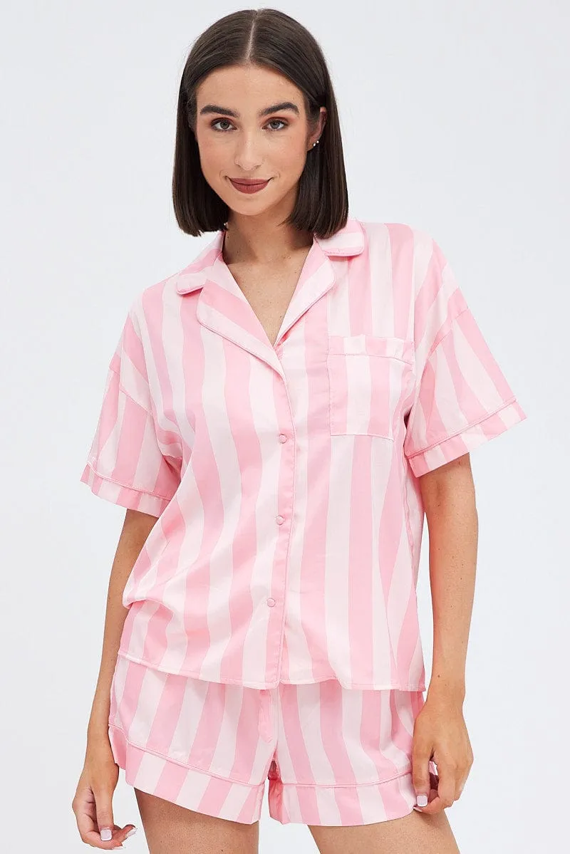 Pink Stripe Satin Pj Pink Stripe Piping Pyjama Set sold by Ally Fashion product image thumbnail 3