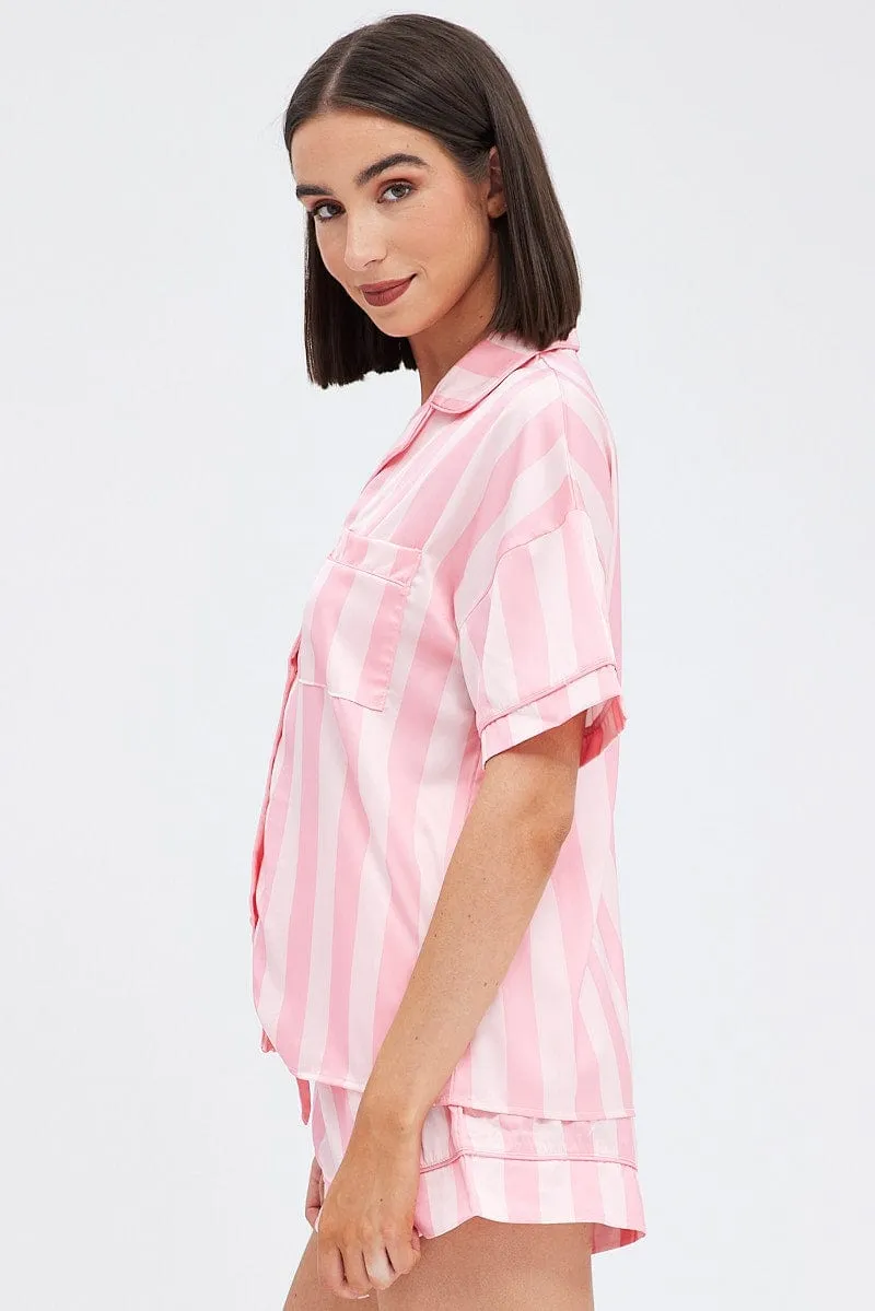 Pink Stripe Satin Pj Pink Stripe Piping Pyjama Set sold by Ally Fashion product image thumbnail 4