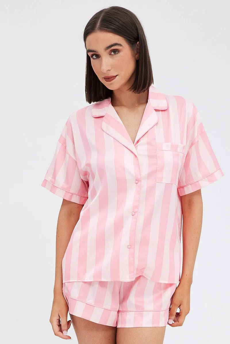 Pink Stripe Satin Pj Pink Stripe Piping Pyjama Set sold by Ally Fashion