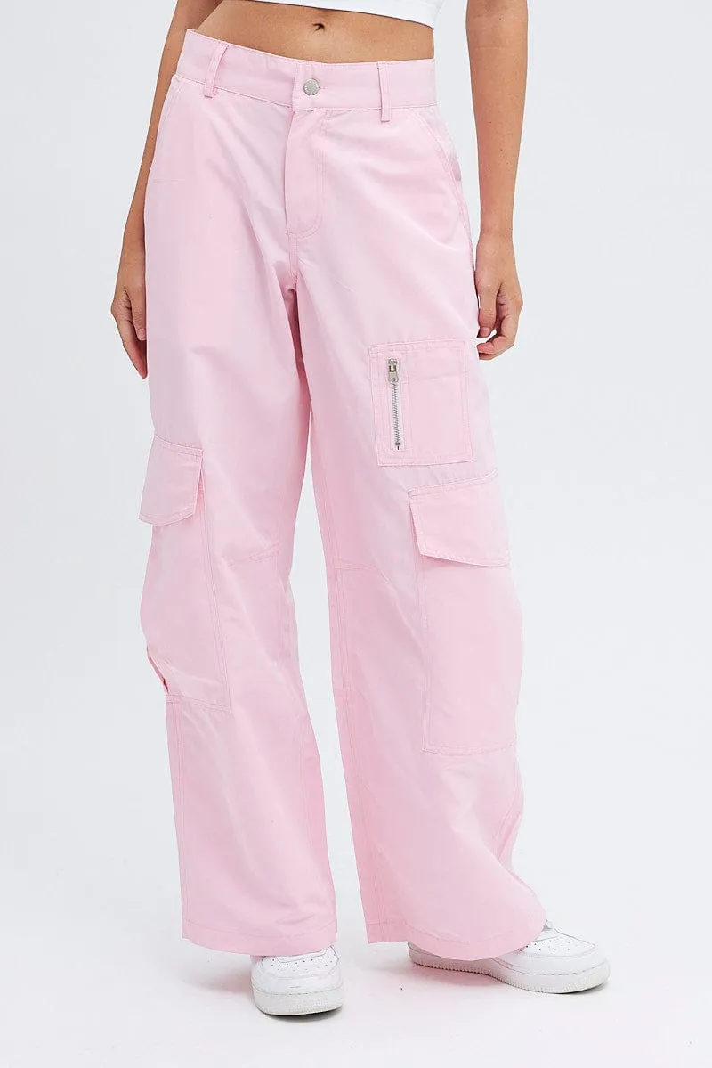 Pink Cargo Pants Mid-Rise Wide Leg Parachute sold by Ally Fashion product image thumbnail 2