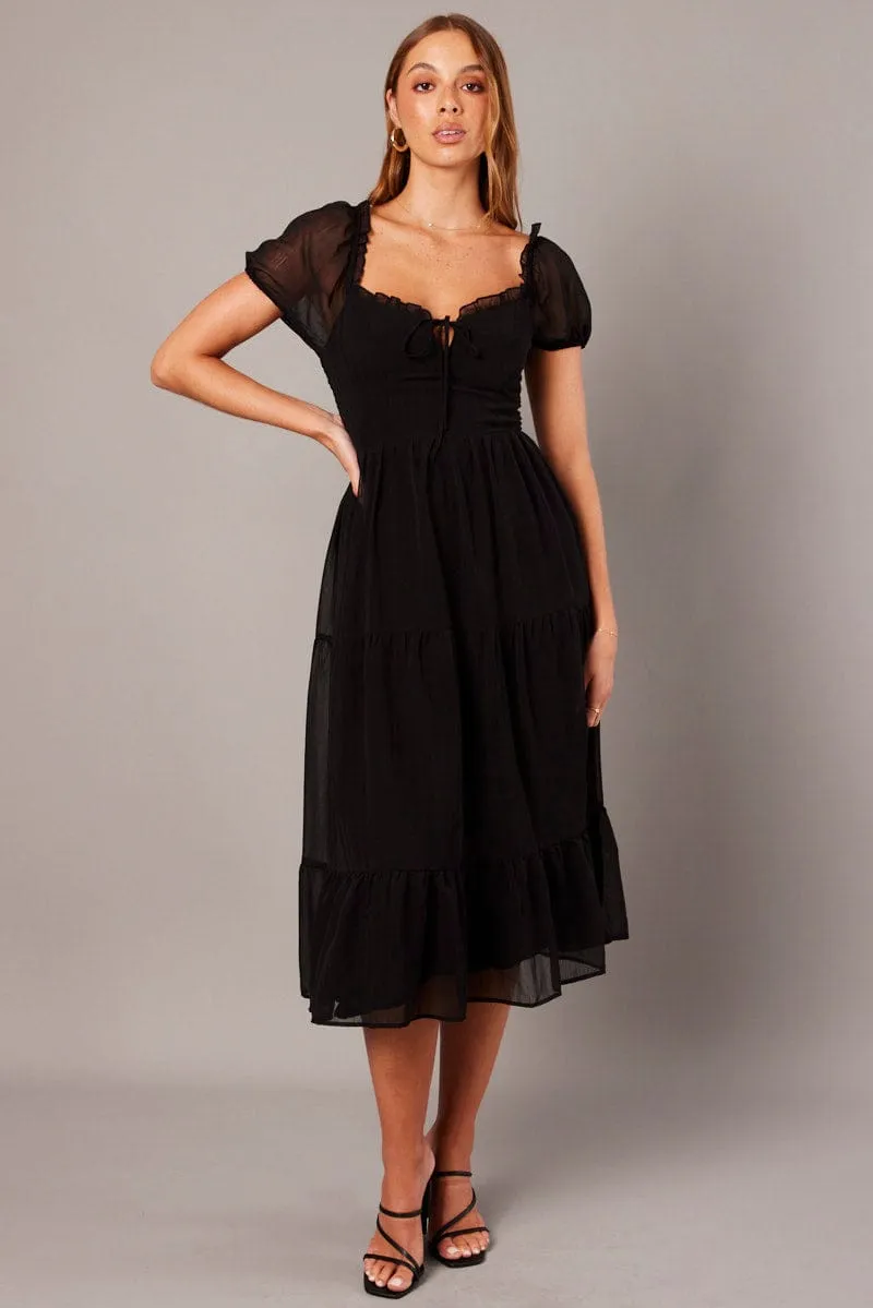 Black Midi Dress Puff Sleeve sold by Ally Fashion