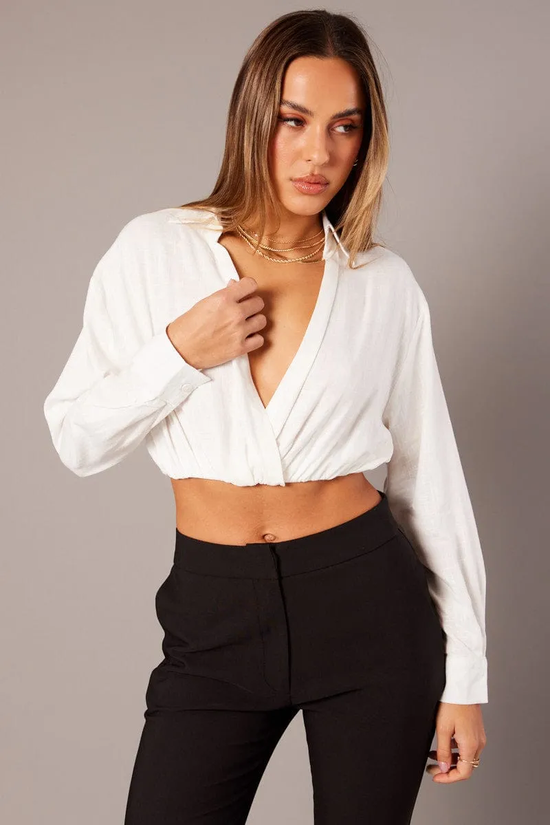 White Twist Front Cropped Relaxed Collared Shirt sold by Ally Fashion product image thumbnail 3