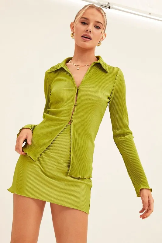 Green Plisse Shirt Long Sleeve Button Front Satin sold by Ally Fashion