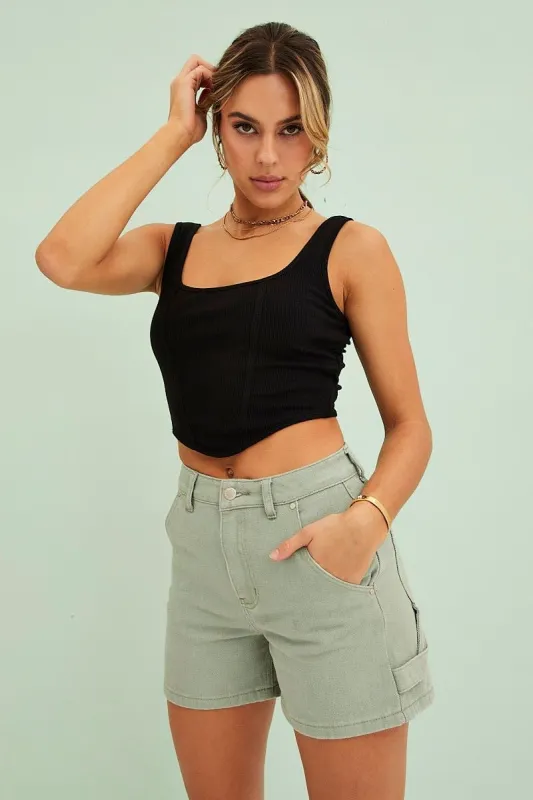 Black Corset Crop Rib Curve Hem Tank sold by Ally Fashion