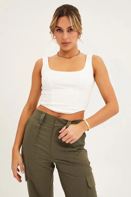 White Corset Crop Rib Curve Hem Tank sold by Ally Fashion