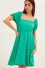 Green Square Neck Puff Sleeve Skater Dress sold by Ally Fashion