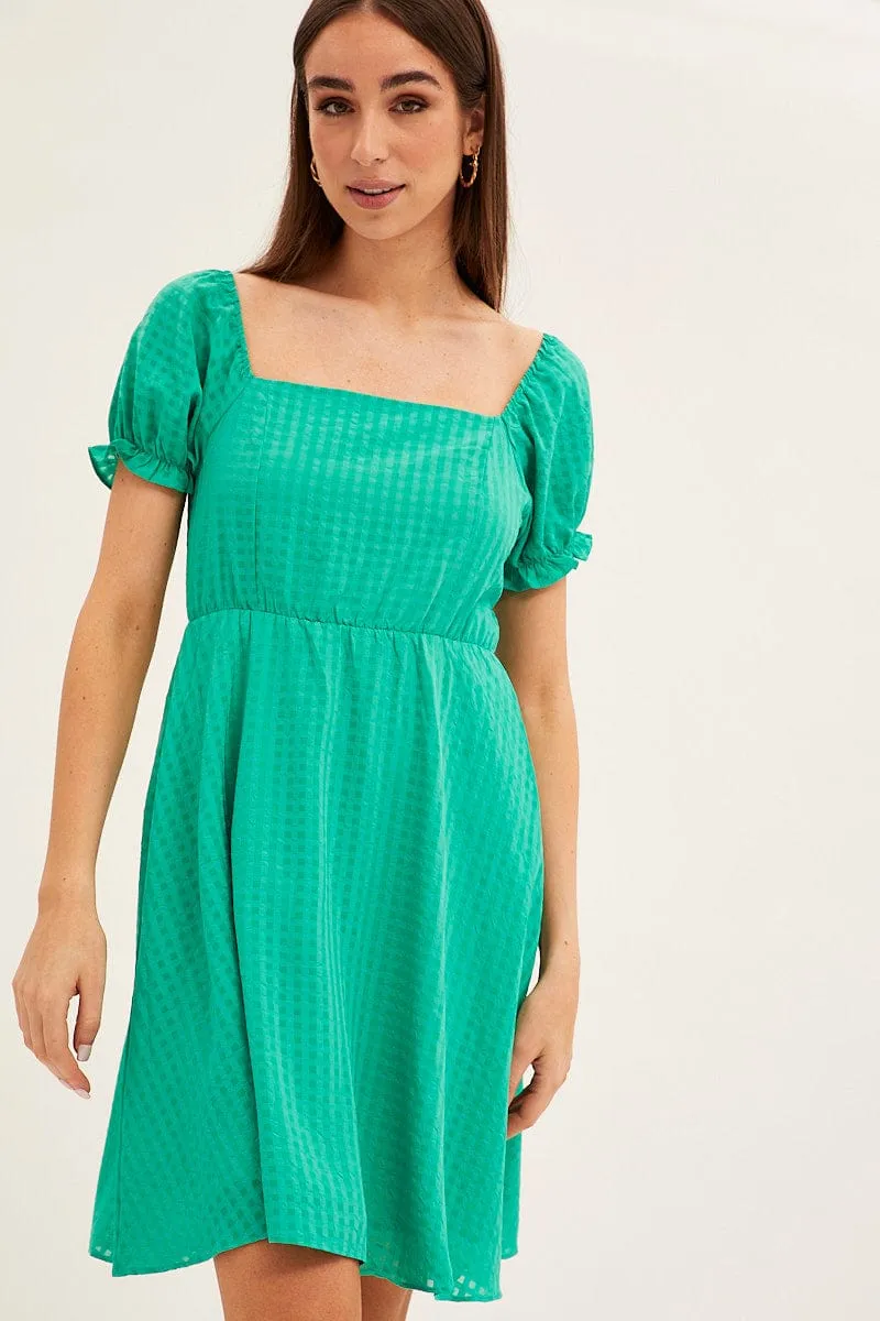 Green Square Neck Puff Sleeve Skater Dress sold by Ally Fashion