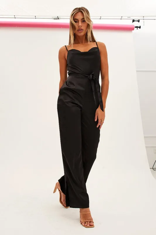 Black Satin Jumpsuit Cowl Neck Belted Waist sold by Ally Fashion