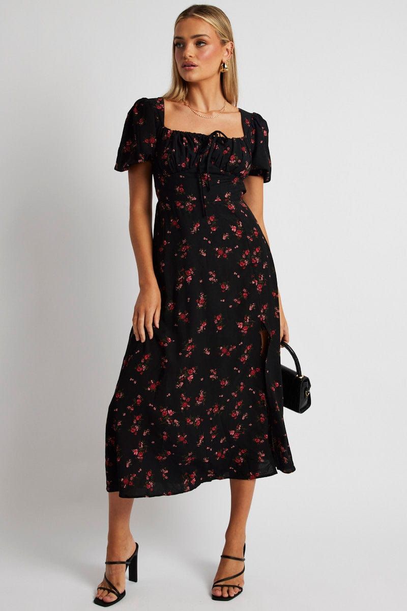 Black Ditsy Midi Dress Short Sleeve Side Split sold by Ally Fashion product image thumbnail 2