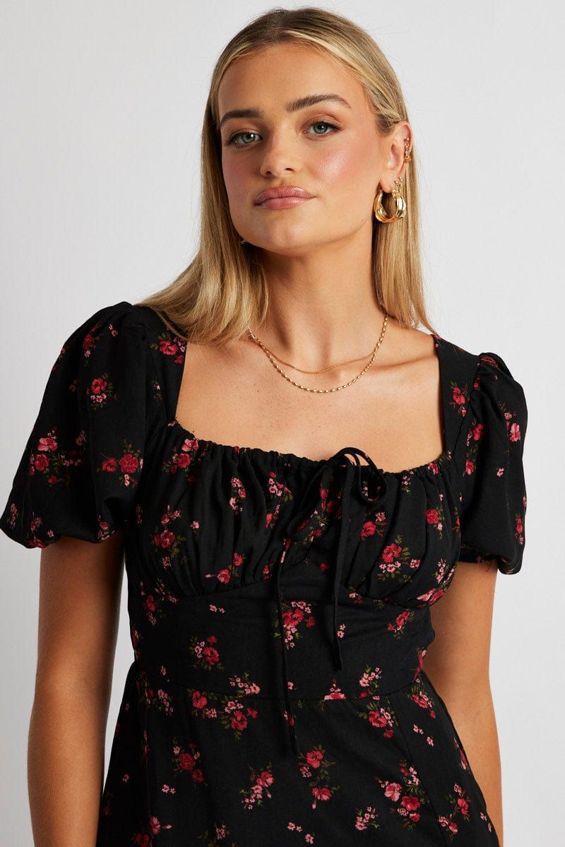 Black Ditsy Midi Dress Short Sleeve Side Split sold by Ally Fashion product image thumbnail 3