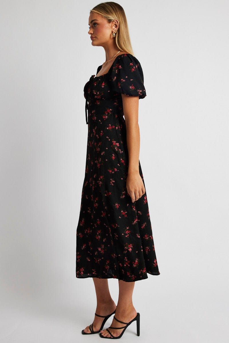 Black Ditsy Midi Dress Short Sleeve Side Split sold by Ally Fashion product image thumbnail 4