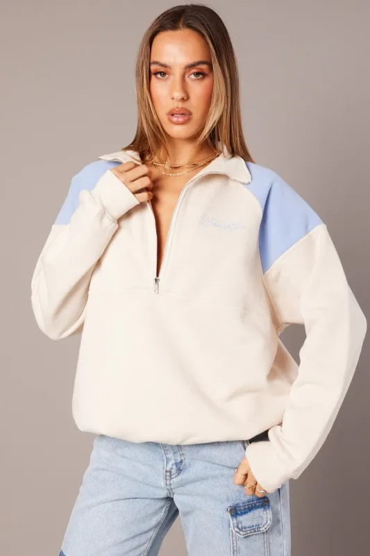 White Zip Sweater Funnel Neck Oversized sold by Ally Fashion