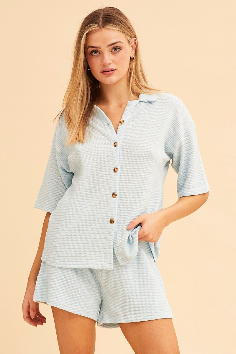 Blue Sabine Oversized Textured Lounge Short Sleeve Top sold by Ally Fashion