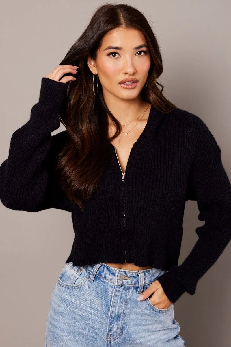 Black Knit Cardigan Long Sleeve Hooded sold by Ally Fashion