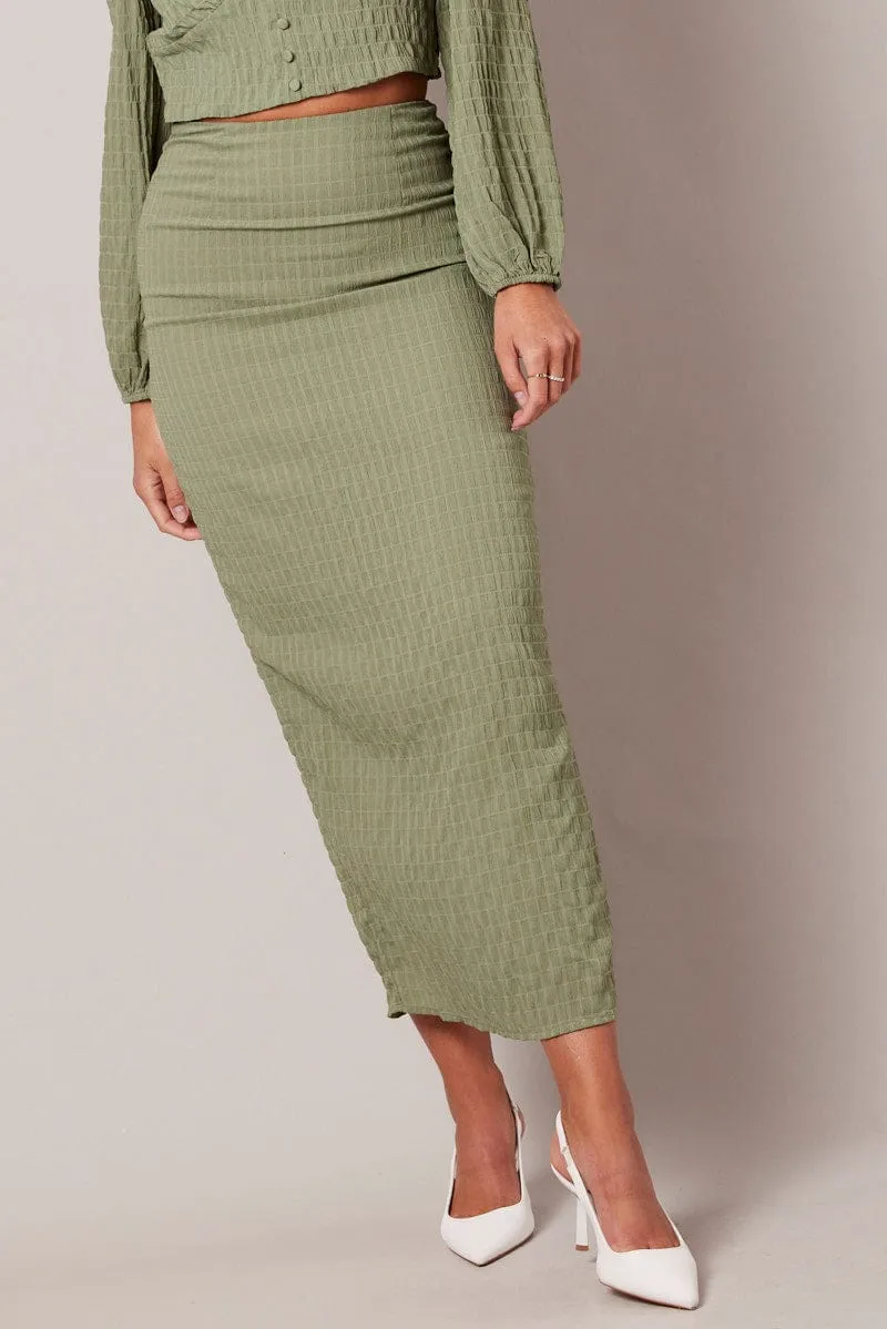 Green Midi Skirt High Rise Textured Fabric sold by Ally Fashion