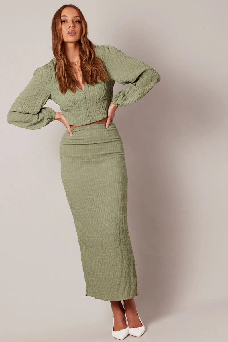 Green Midi Skirt High Rise Textured Fabric sold by Ally Fashion product image thumbnail 2