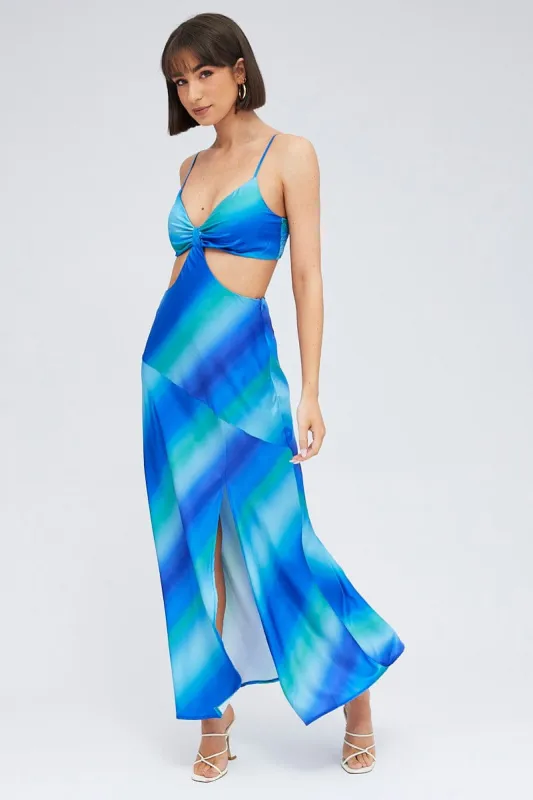 Blue Print Strappy Dress Maxi Ombre Cut Out Satin sold by Ally Fashion