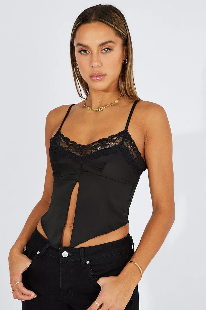 Black Satin Cami Lace Trim Neck sold by Ally Fashion