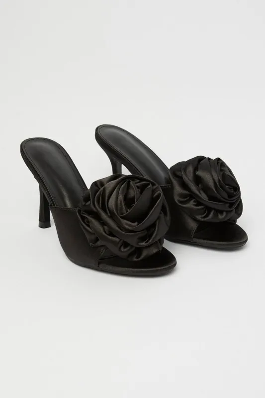 Black Heels Rosette 3D Rose Heeled Mules sold by Ally Fashion