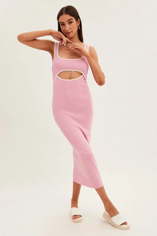 Pink Knit Dress Midi Sleeveless Contrast Binding sold by Ally Fashion