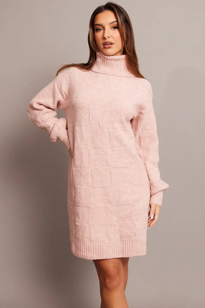 Pink Knit Dress Long Sleeve Turtle Neck sold by Ally Fashion product image thumbnail 3