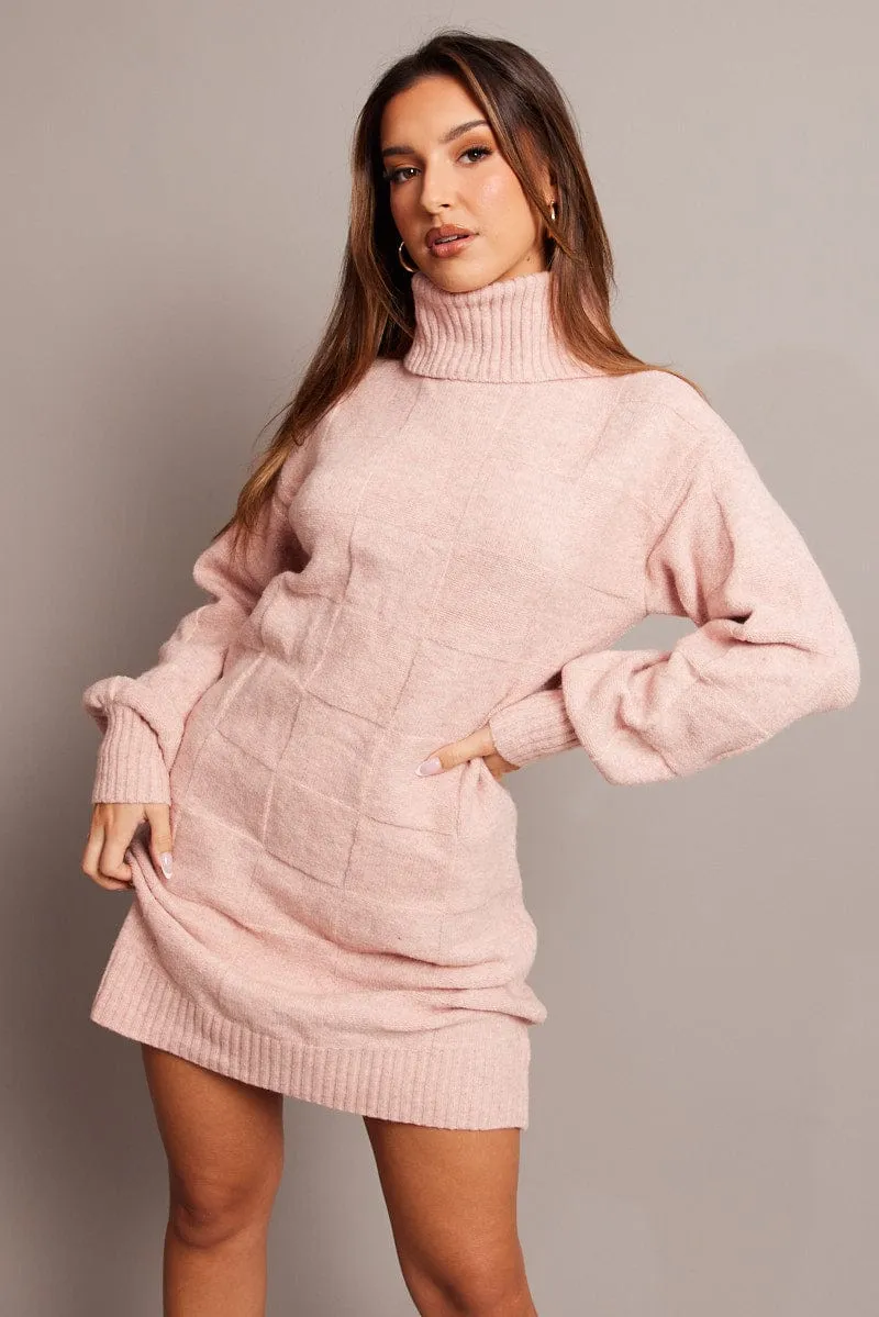 Pink Knit Dress Long Sleeve Turtle Neck sold by Ally Fashion