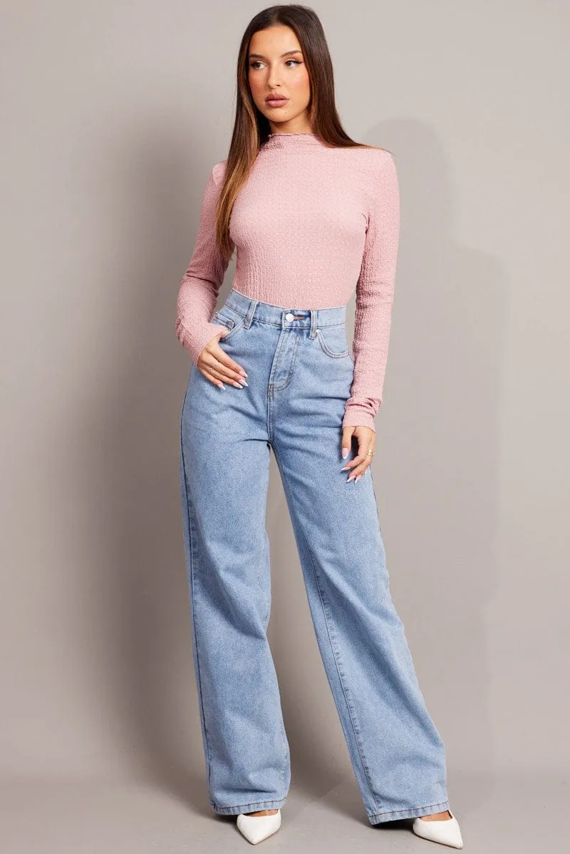 Pink Textured Top Long Sleeve High Neck sold by Ally Fashion product image thumbnail 2