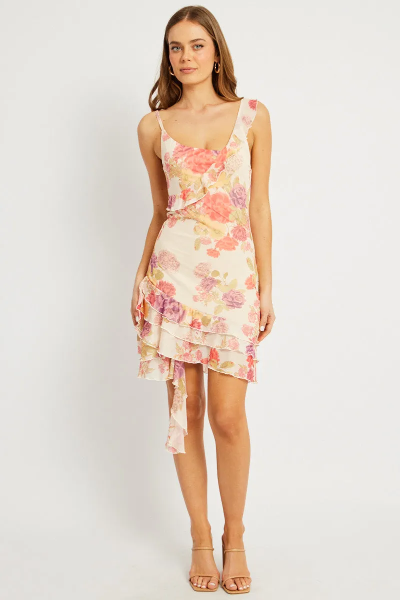 Multi Floral Bodycon Dress Ruffle Hem Mini Mesh sold by Ally Fashion