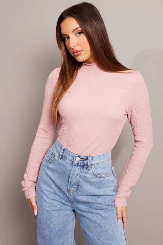 Pink Textured Top Long Sleeve High Neck sold by Ally Fashion