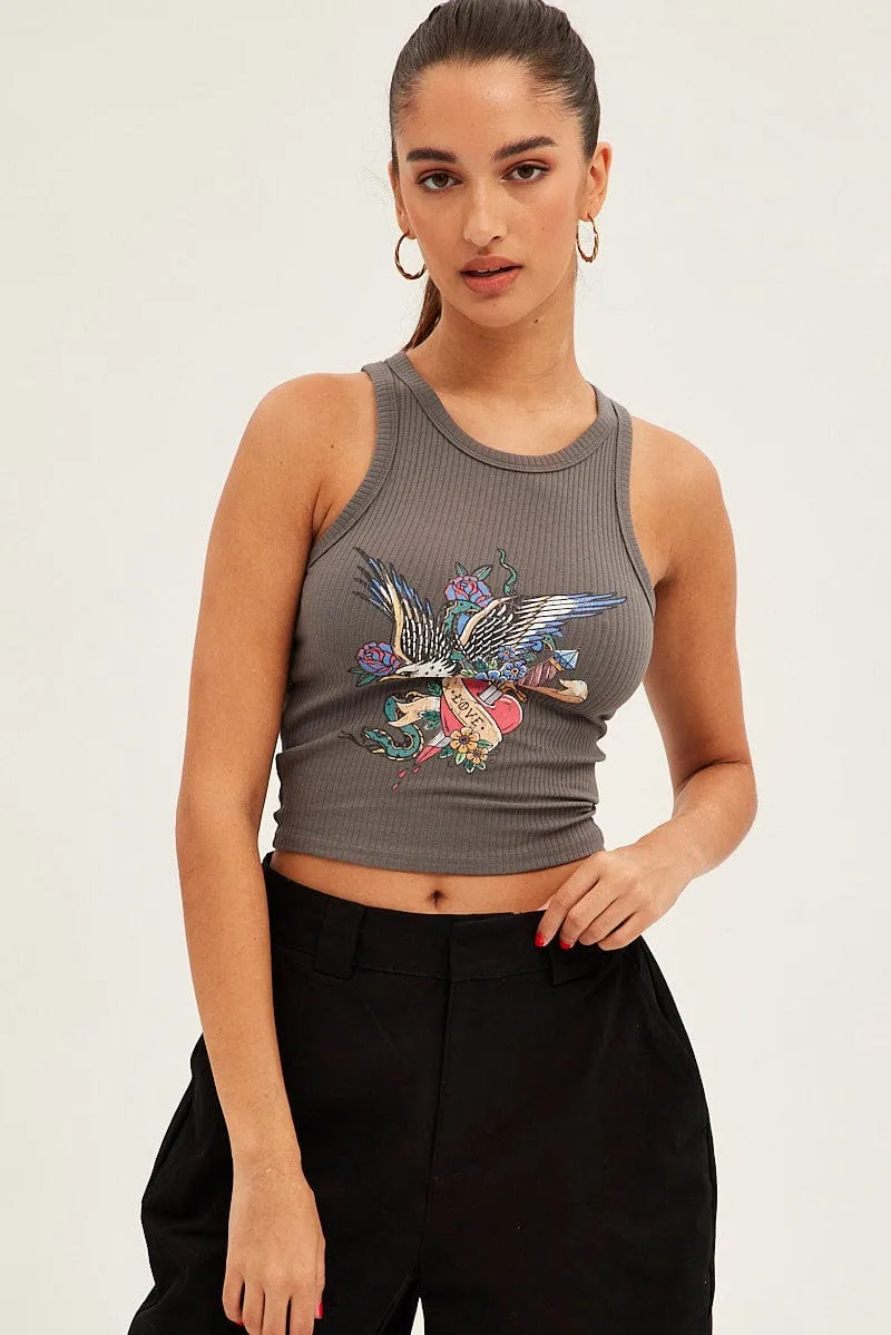 Grey Tank Sleeveless Crew Neck Rib Eagle Graphic sold by Ally Fashion product image thumbnail 3