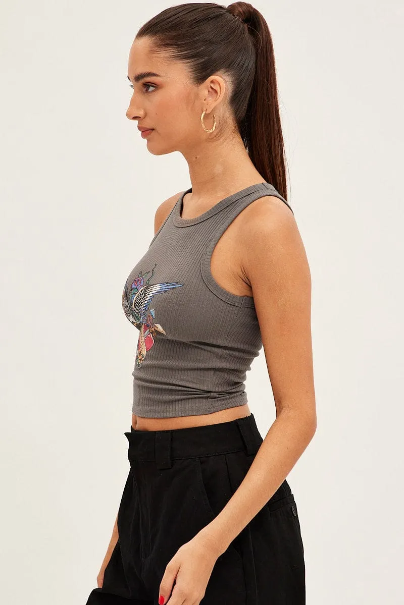 Grey Tank Sleeveless Crew Neck Rib Eagle Graphic sold by Ally Fashion product image thumbnail 4