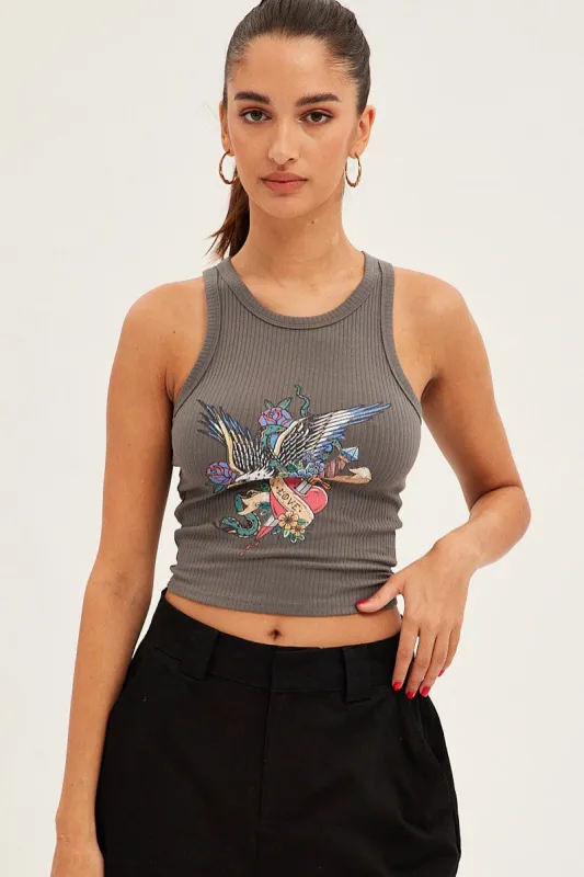 Grey Tank Sleeveless Crew Neck Rib Eagle Graphic sold by Ally Fashion