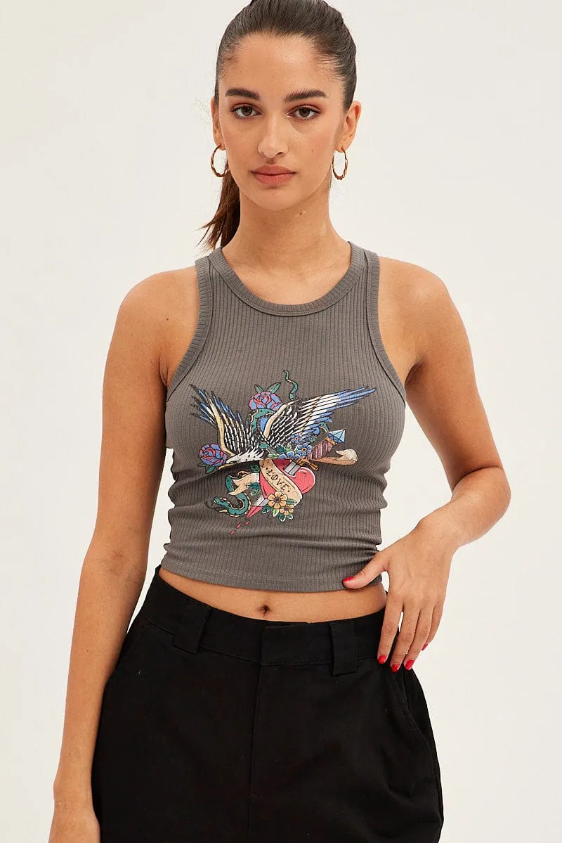 Grey Tank Sleeveless Crew Neck Rib Eagle Graphic sold by Ally Fashion