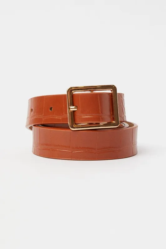 Beige Rectangle Buckle Belt in Croc sold by Ally Fashion