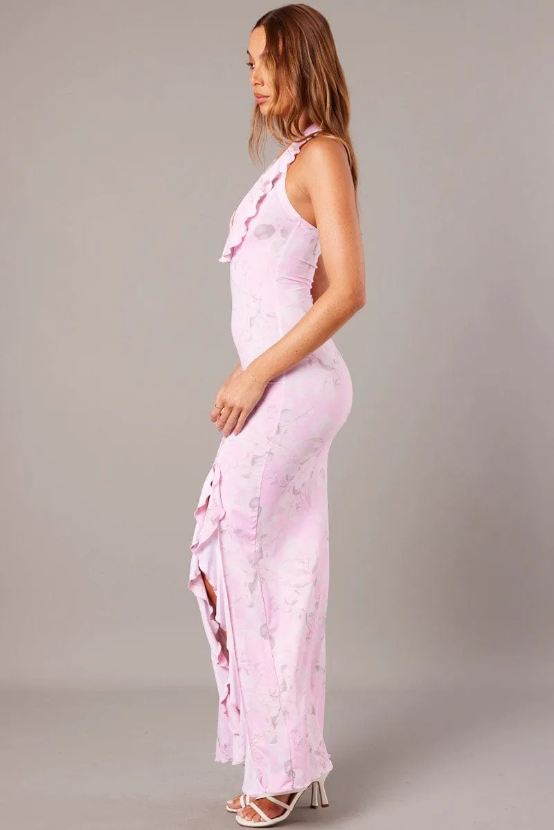 Pink Floral Ruffle Maxi Dress Halter Thigh Split Dress sold by Ally Fashion product image thumbnail 4