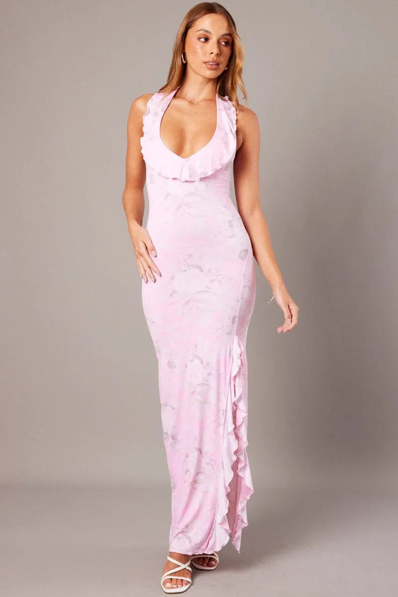 Pink Floral Ruffle Maxi Dress Halter Thigh Split Dress sold by Ally Fashion
