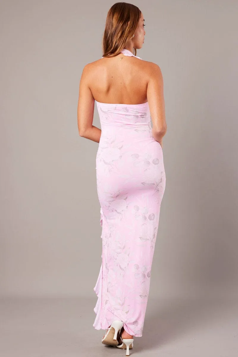 Pink Floral Ruffle Maxi Dress Halter Thigh Split Dress sold by Ally Fashion product image thumbnail 5