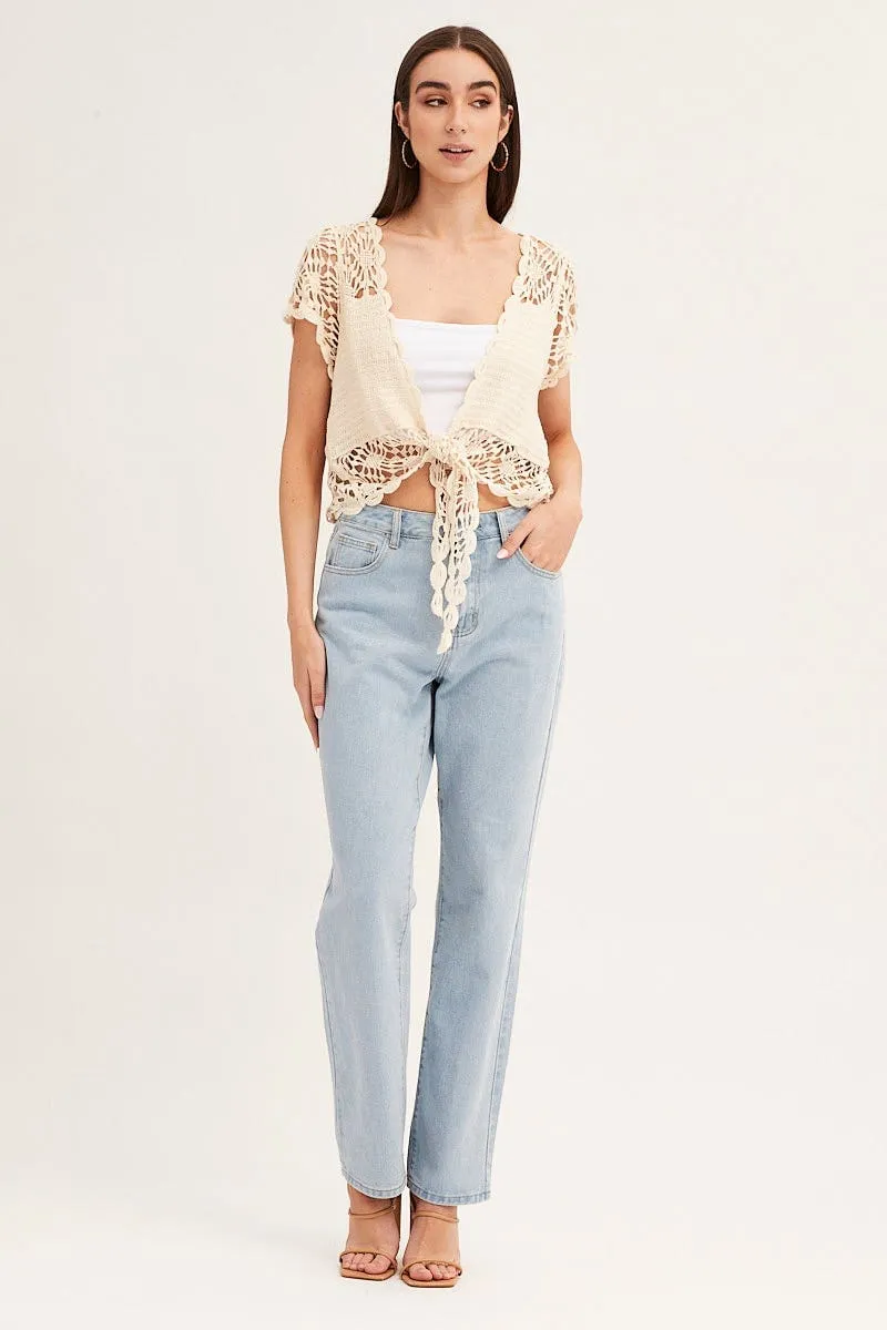 Beige Crochet Cardigan Short Sleeve Tie Up sold by Ally Fashion product image thumbnail 2