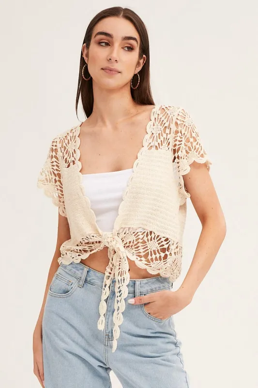 Beige Crochet Cardigan Short Sleeve Tie Up sold by Ally Fashion