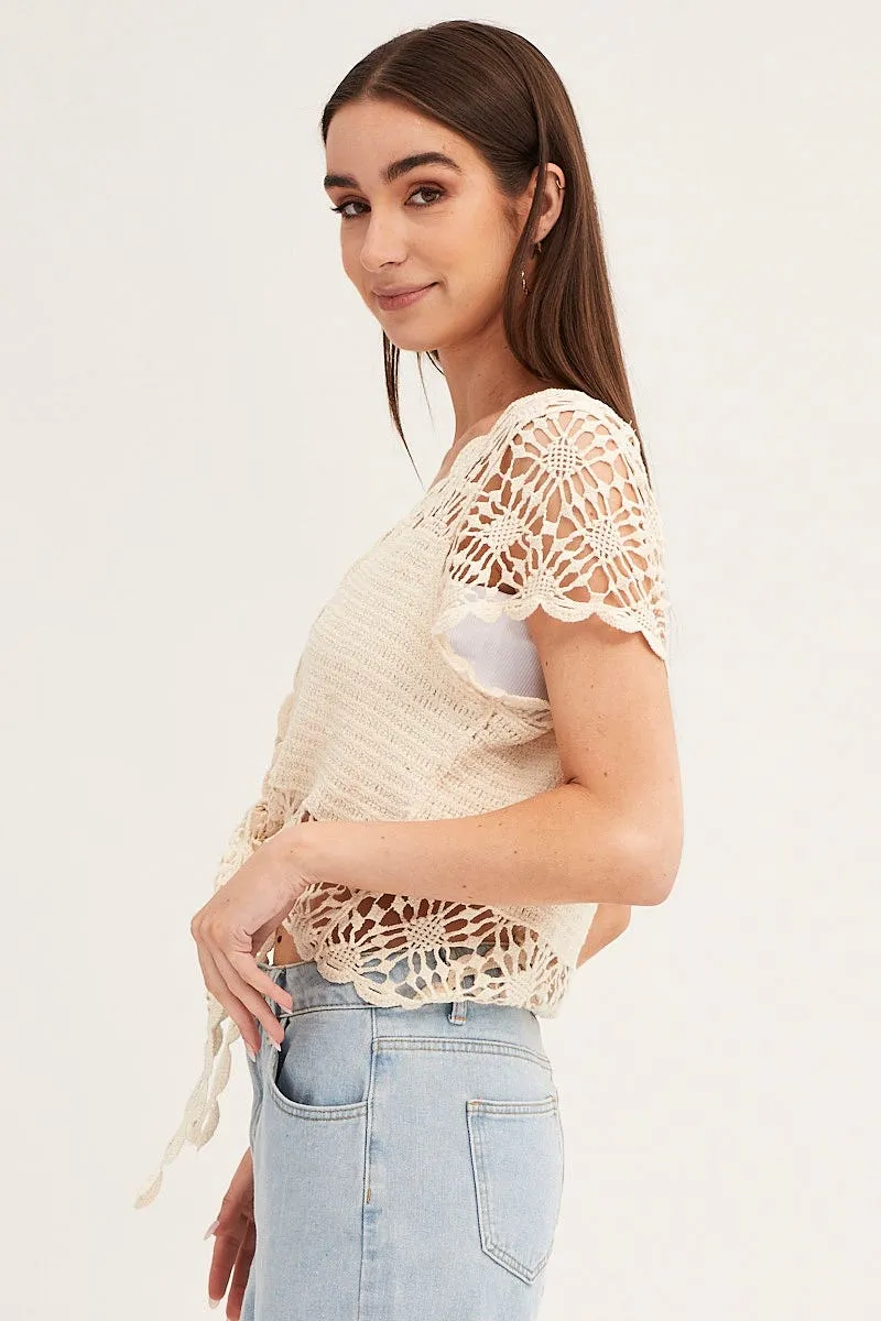 Beige Crochet Cardigan Short Sleeve Tie Up sold by Ally Fashion product image thumbnail 4