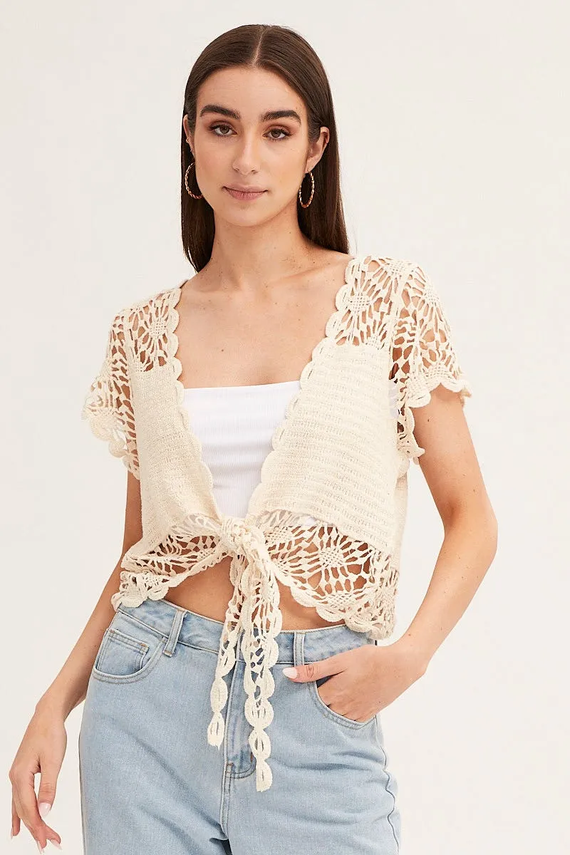 Beige Crochet Cardigan Short Sleeve Tie Up sold by Ally Fashion product image thumbnail 3