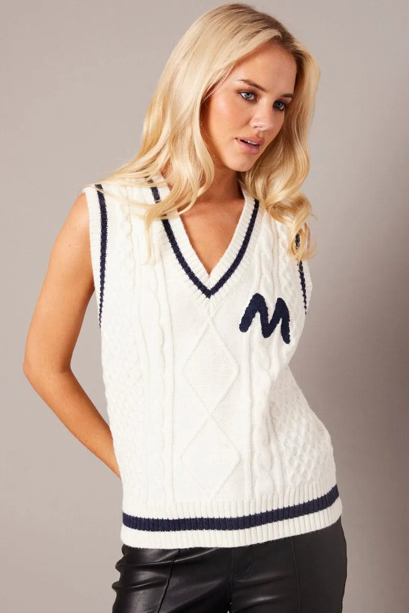 White Knit Vest Sleeveless V Neck Cable sold by Ally Fashion product image thumbnail 3