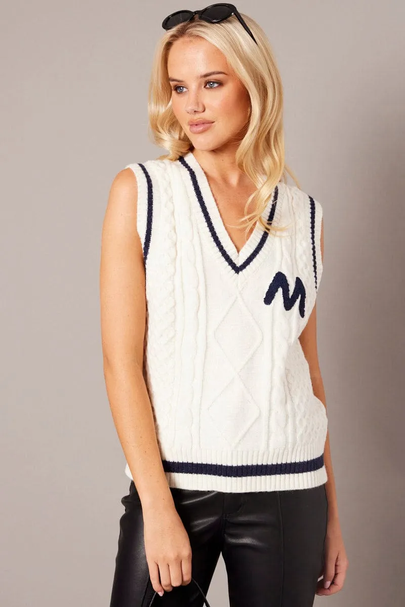 White Knit Vest Sleeveless V Neck Cable sold by Ally Fashion