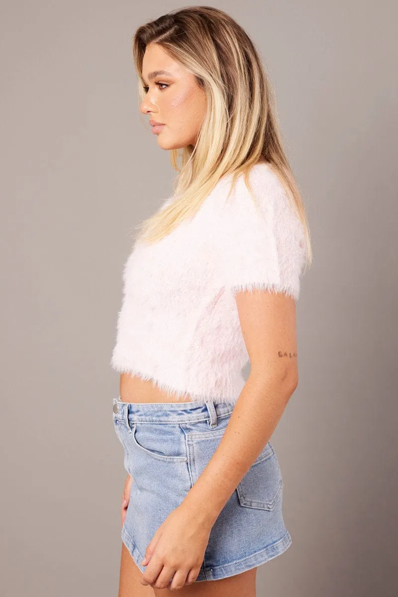 Pink Fluffy Knit Top Short Sleeve Crop sold by Ally Fashion product image thumbnail 4