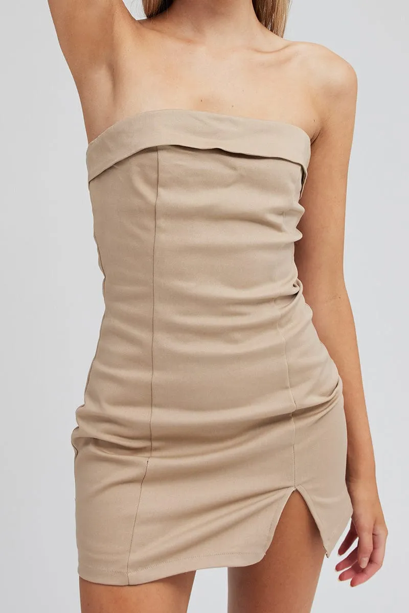 Beige Bodycon Dress Strapless Boob Tube Mini sold by Ally Fashion product image thumbnail 2