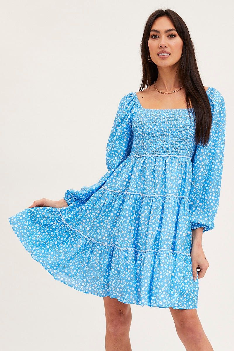 Print Fit And Flare Dress Long Sleeve Square Neck sold by Ally Fashion