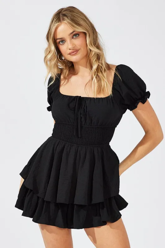 Black Ruffle Playsuit Short Sleeve Ruched Bust sold by Ally Fashion