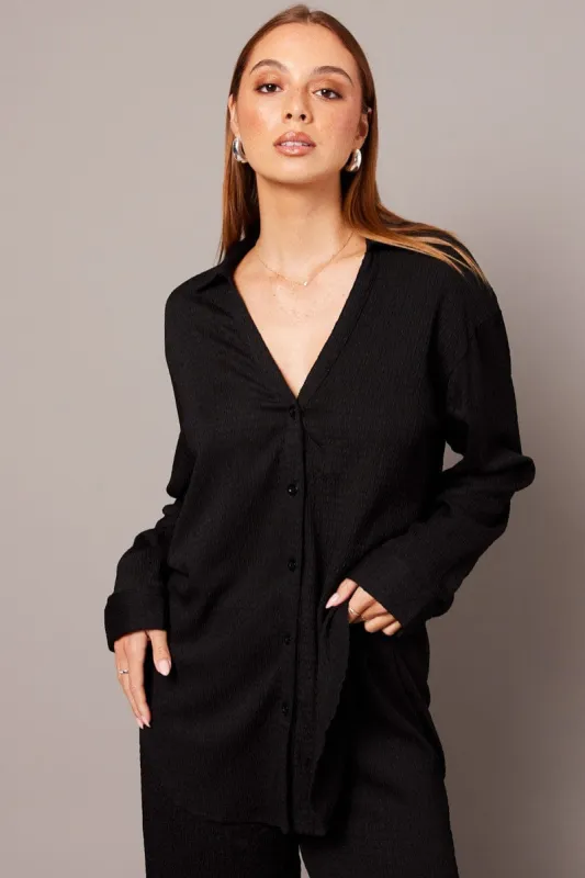 Black Textured Shirt Long Sleeve sold by Ally Fashion